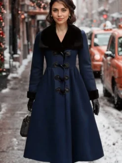 Outlet Retro Stage 1950s Blue And Black Fur Collar Coat