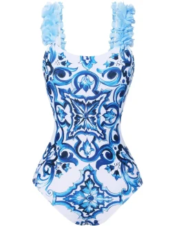 Best Retro Stage 1930s And White Porcelain Print One-Piece Swimsuit Blue