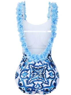 Best Retro Stage 1930s And White Porcelain Print One-Piece Swimsuit Blue