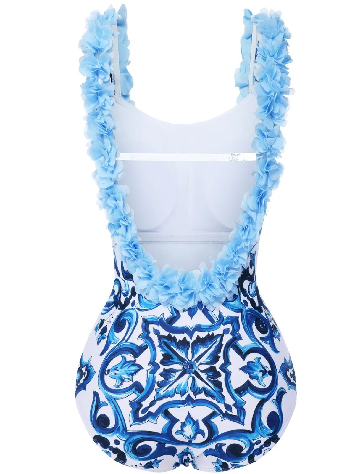 Best Retro Stage 1930s And White Porcelain Print One-Piece Swimsuit Blue
