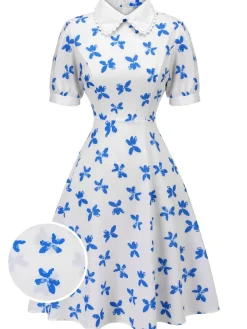 New Retro Stage 1940s Blue Butterfly Doll Neck Dress White