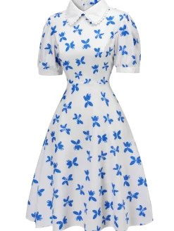 New Retro Stage 1940s Blue Butterfly Doll Neck Dress White