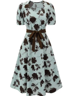 Best Retro Stage 1940s Blue Floral Dress With Bow Belt Light Blue