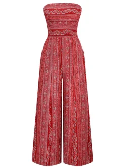 Online Retro Stage 1970s Bohemian Strapless Slit Smocked Jumpsuit