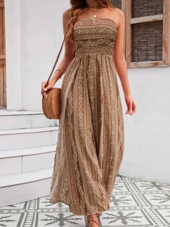 Online Retro Stage 1970s Bohemian Strapless Slit Smocked Jumpsuit