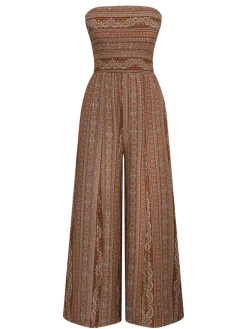 Online Retro Stage 1970s Bohemian Strapless Slit Smocked Jumpsuit