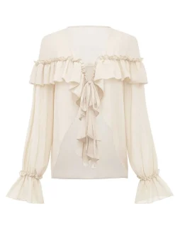 Discount Retro Stage 1970s Boho Cascading Ruffles Solid Blouse