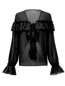 Discount Retro Stage 1970s Boho Cascading Ruffles Solid Blouse