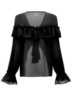 Discount Retro Stage 1970s Boho Cascading Ruffles Solid Blouse