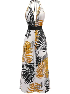 New Retro Stage 1970s Boho Lace-up Halter Jumpsuit Floral