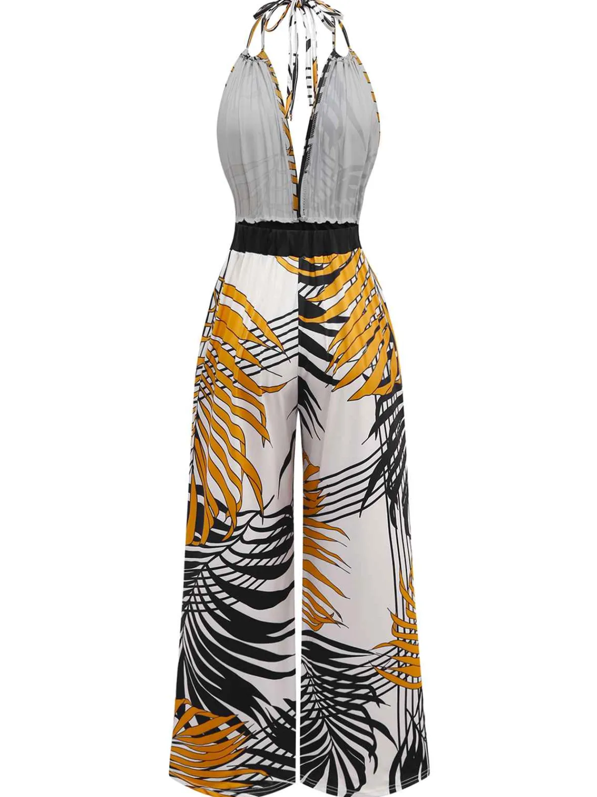 New Retro Stage 1970s Boho Lace-up Halter Jumpsuit Floral