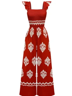 Fashion Retro Stage 1970s Boho Geometric Print Square Neck Jumpsuit