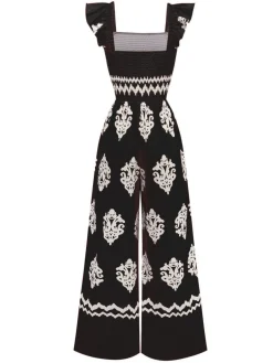Fashion Retro Stage 1970s Boho Geometric Print Square Neck Jumpsuit