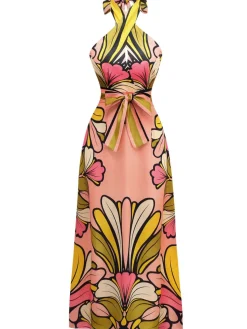 Clearance Retro Stage 1970s Boho Halter Floral Belted Backless Dress Multicolor