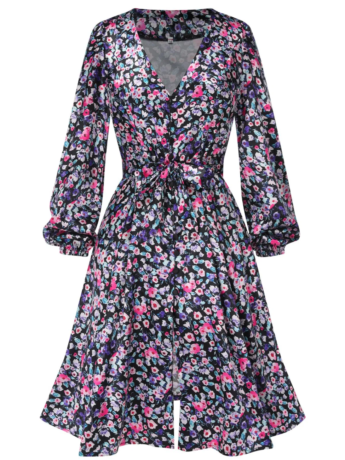 Best Retro Stage 1970s Boho Style Button Satin Puff Dress Floral
