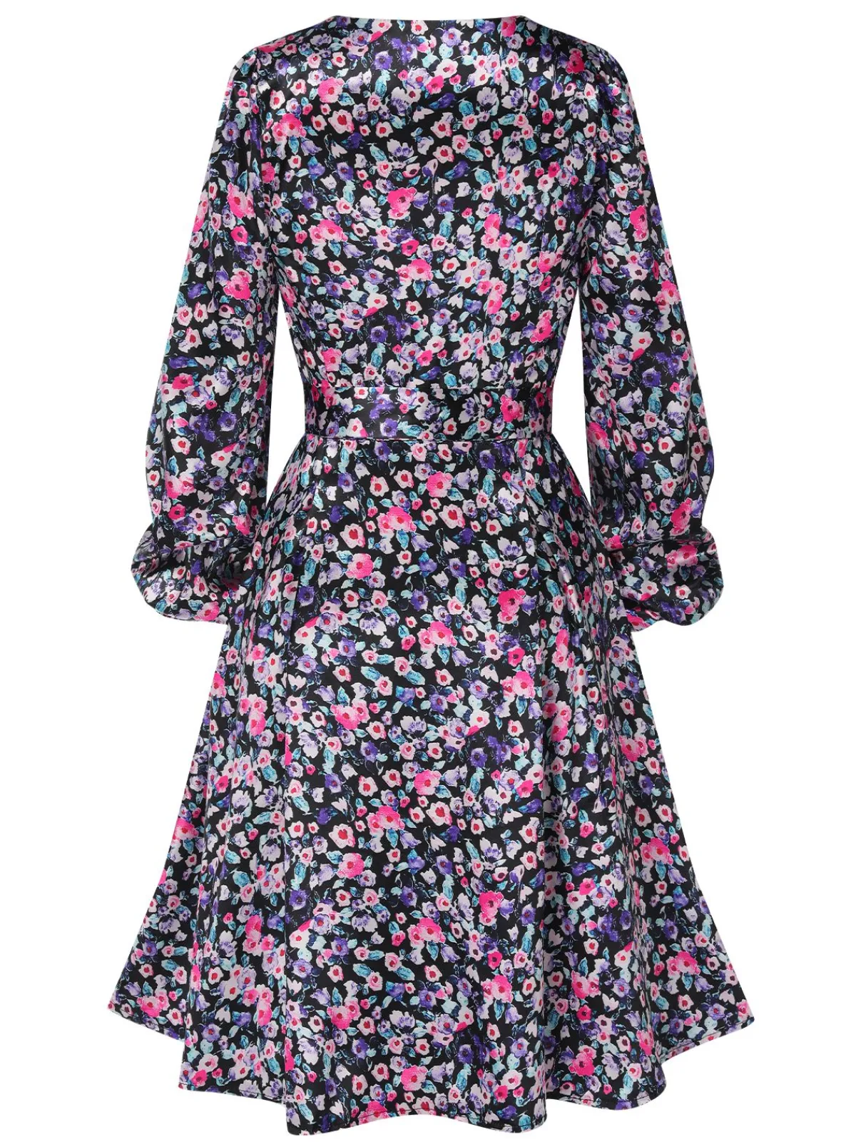 Best Retro Stage 1970s Boho Style Button Satin Puff Dress Floral