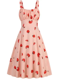 Fashion Retro Stage 1950s Botanical Print Strap High Waist Dress