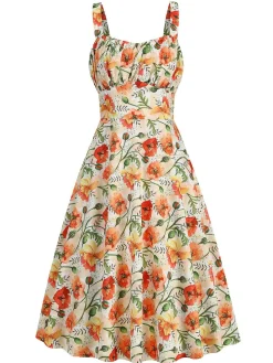 Fashion Retro Stage 1950s Botanical Print Strap High Waist Dress