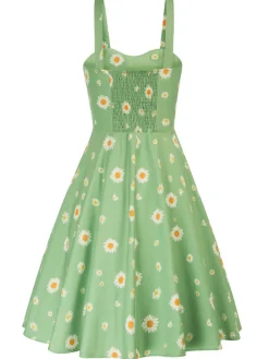 Fashion Retro Stage 1950s Botanical Print Strap High Waist Dress
