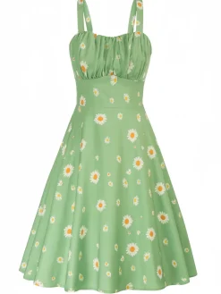 Fashion Retro Stage 1950s Botanical Print Strap High Waist Dress