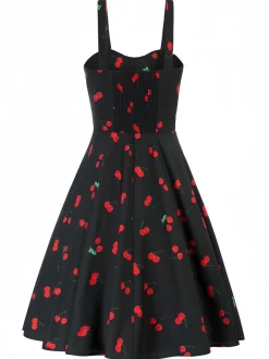 Fashion Retro Stage 1950s Botanical Print Strap High Waist Dress