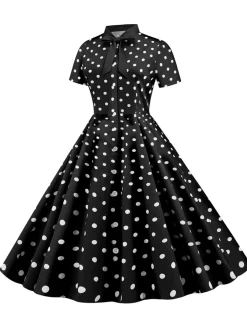 Outlet Retro Stage 1950s Bow Collar Striped Dots Swing Dress