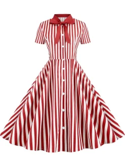 Outlet Retro Stage 1950s Bow Collar Striped Dots Swing Dress