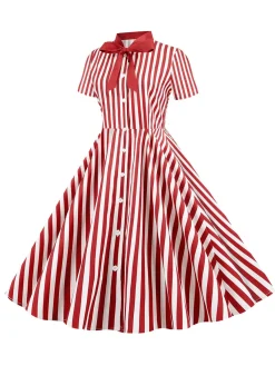 Outlet Retro Stage 1950s Bow Collar Striped Dots Swing Dress