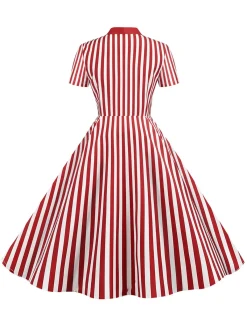 Outlet Retro Stage 1950s Bow Collar Striped Dots Swing Dress