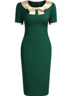 Outlet Retro Stage 1960s Bow Patchwork Bodycon Dress Green