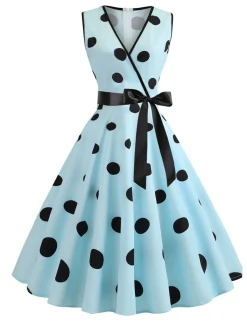 Discount Retro Stage 1950s Bow Polka Dot Swing Dress Blue