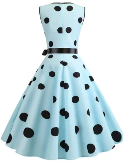 Discount Retro Stage 1950s Bow Polka Dot Swing Dress Blue