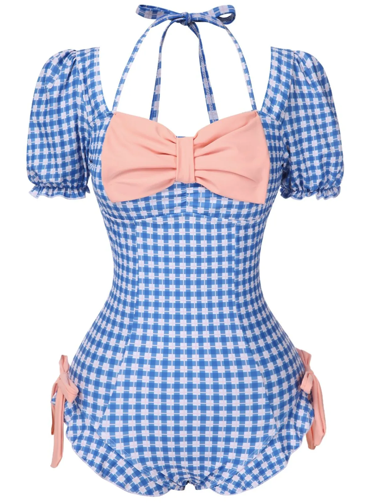 Clearance Retro Stage 1950s Bow Puff Sleeve Gingham Plaid Swimsuit Blue