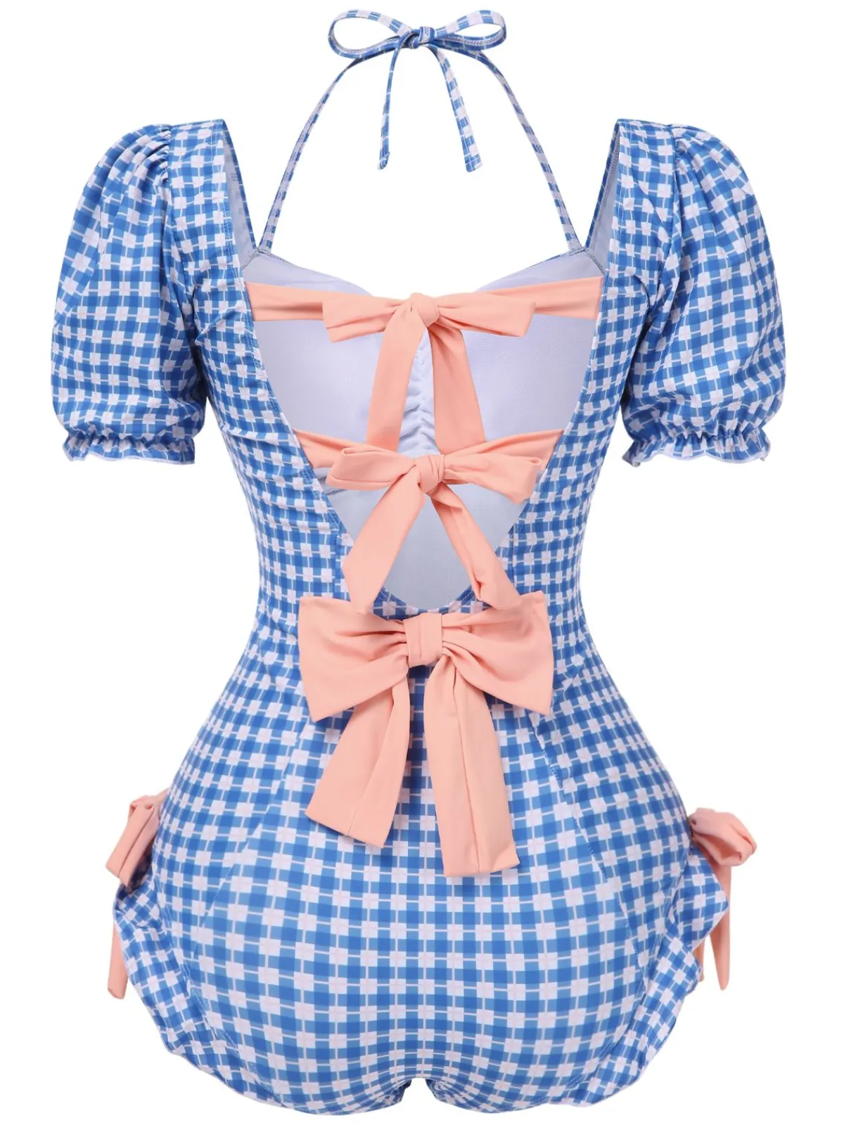 Clearance Retro Stage 1950s Bow Puff Sleeve Gingham Plaid Swimsuit Blue