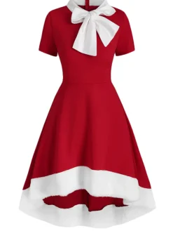 Discount Retro Stage 1950s Bowknot Collar Swing Dress Red