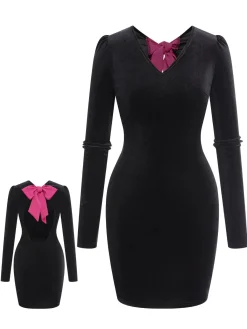 Sale Retro Stage 1960s Bowknot Velvet Open Back Contrast Color Dress Black