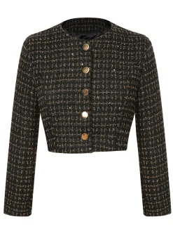Clearance Retro Stage 1960s Button Tweed Long Sleeve Cropped Coat