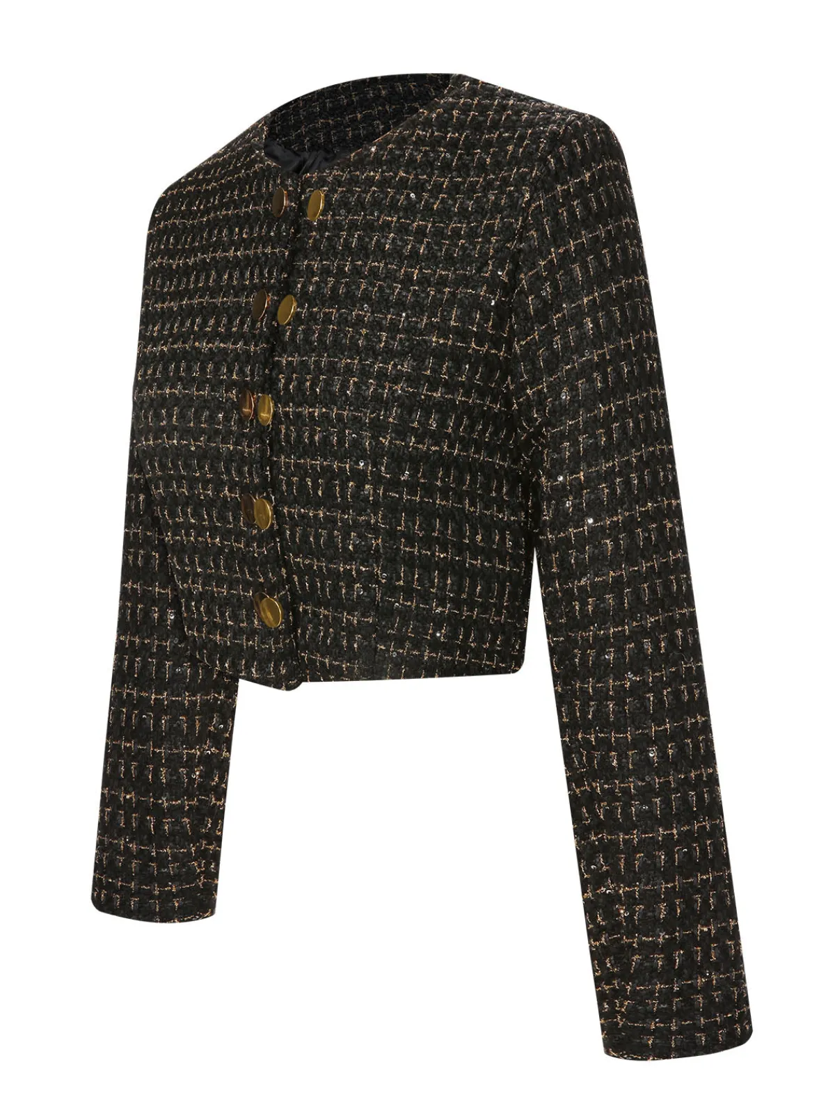 Clearance Retro Stage 1960s Button Tweed Long Sleeve Cropped Coat