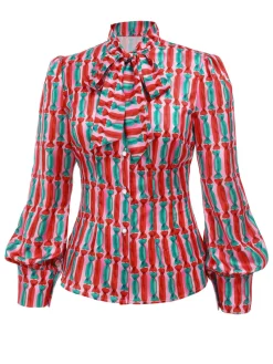 New Retro Stage 1950s Candy Tie-Up Collar Buttons Blouse Pink