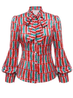 New Retro Stage 1950s Candy Tie-Up Collar Buttons Blouse Pink