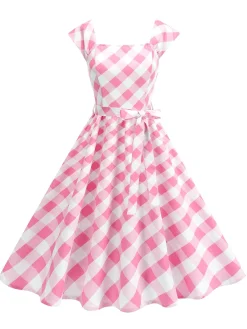 Sale Retro Stage 1950s Cap Sleeves Argyle Plaid Swing Dress