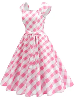 Sale Retro Stage 1950s Cap Sleeves Argyle Plaid Swing Dress