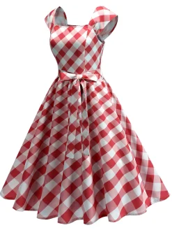 Sale Retro Stage 1950s Cap Sleeves Argyle Plaid Swing Dress