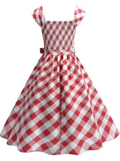 Sale Retro Stage 1950s Cap Sleeves Argyle Plaid Swing Dress