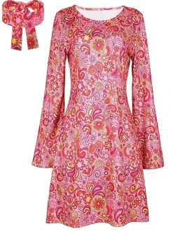 Discount Retro Stage 1970s Cashew Flower Hippie Disco Dress With Headscarf