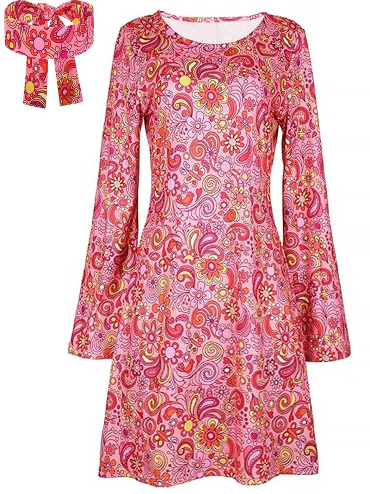 Discount Retro Stage 1970s Cashew Flower Hippie Disco Dress With Headscarf