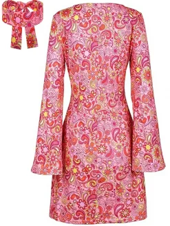 Discount Retro Stage 1970s Cashew Flower Hippie Disco Dress With Headscarf