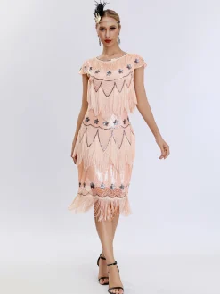 Online Retro Stage 1920s Charleston Sequins Tassel Patchwork Dress