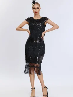 Online Retro Stage 1920s Charleston Sequins Tassel Patchwork Dress