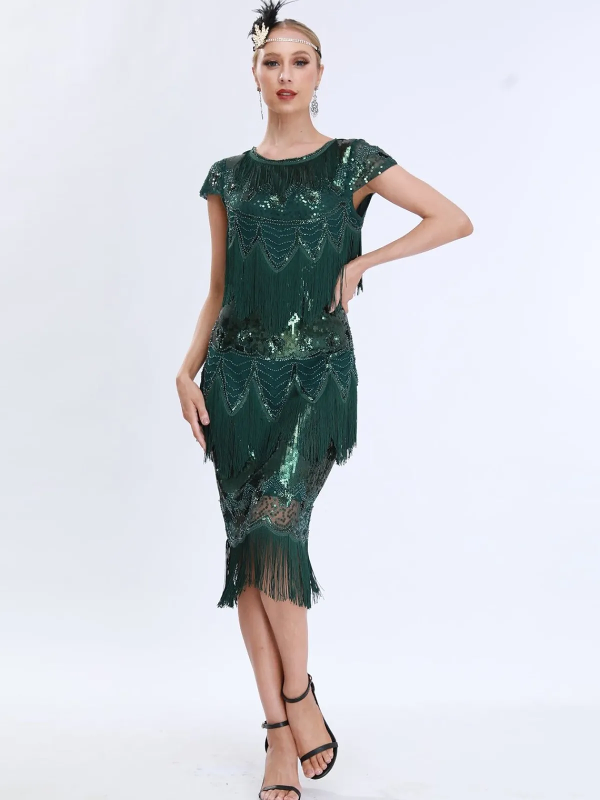Online Retro Stage 1920s Charleston Sequins Tassel Patchwork Dress